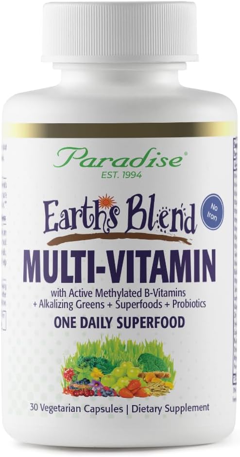 Paradise Herbs Earth's Blend Once Daily Multivitamin for Men, No Iron, 48 Organic Superfoods, Probiotics, Antioxidants, Vitamins A, B12, C, D, K2, 30 Count