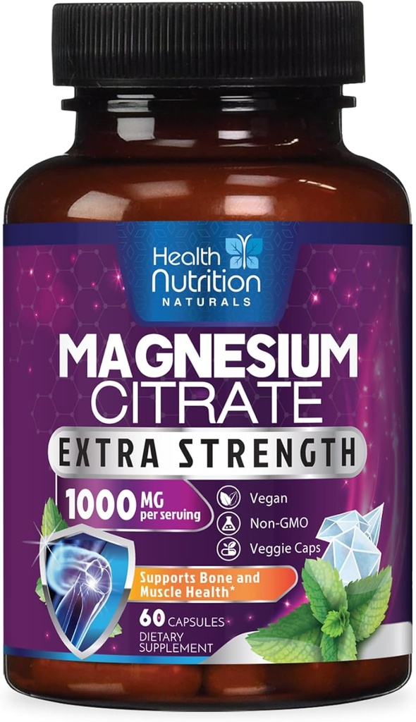Magnesium Citrate Capsules 1000mg - Max Absorption Magnesium Powder for Muscle, Nerve, Bone and Heart Health Support, High Absorption Citrate Complex, Gluten Free, Non-GMO - 60 Capsules
