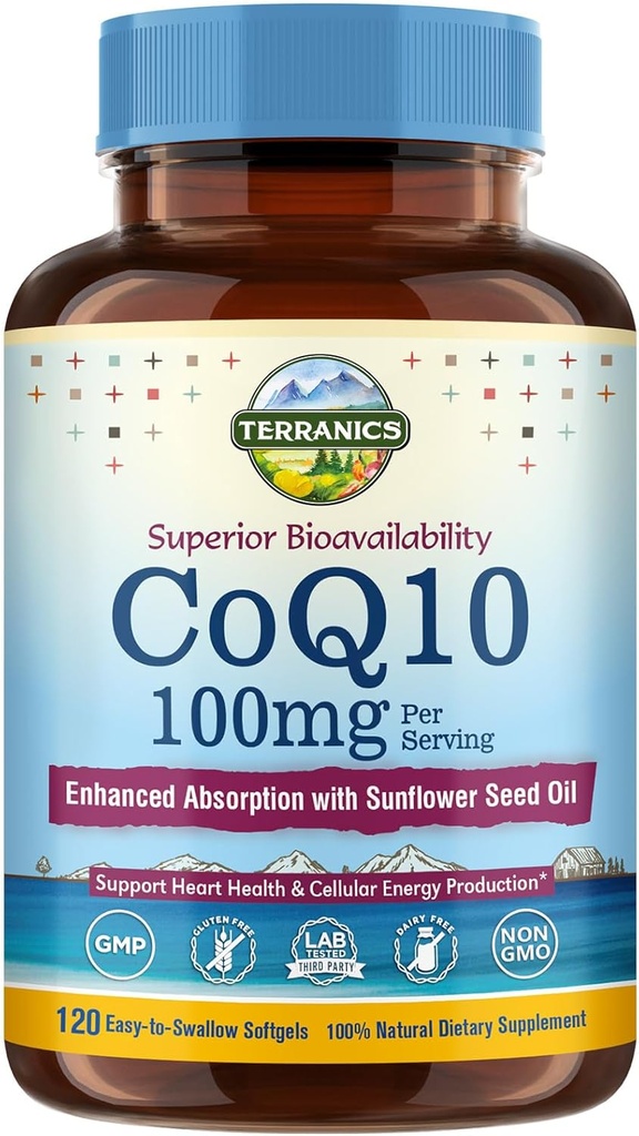 Terranics CoQ10 100mg, 120 Softgels, Absorption with Extra Virgin Olive Oil, Heart Health & Energy Production