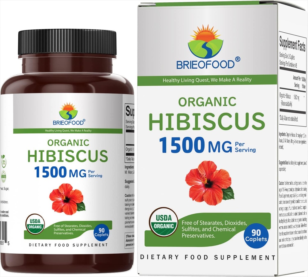 Brieofood Organic Hibiscus 1500mg, 45 Servings, Vegetarian, Gluten Free, 90 Vegetarian Tablets