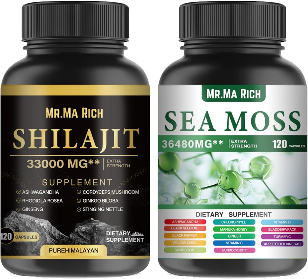 Sea Moss and Shilajit Capsule Bundle, Ashwagandha Rhodiola Rosea Ginseng Cordyceps Mushroom Ginkgo Biloba Stinging Nettle Magic Moss Blendim Black Seed Turmeric Bladderwrack Burdock Black Pepper
