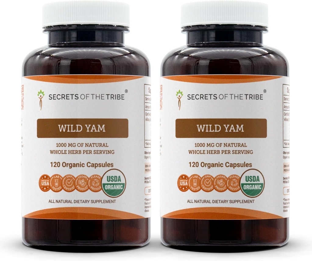 Secrets of the Tribe Wild Yam Capsules 1000 mg Responsibly farmed USDA Organic Wild Yam (Dioscorea Villosa) Dried Root, Hormone Support Supplement (2x120 Capsules)