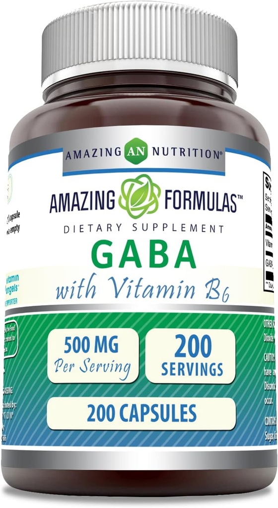 Amazing Formulas GABA with Vitamin B6 Supplement | 500 Mg Per Serving | 200 Capsules | Non-GMO | Gluten Free | Made in USA