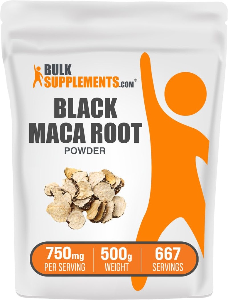 BulkSupplements.com Black Maca Powder - Black Maca Root Supplement, Herbal Supplement for Men & Women - Vegan, Gluten Free, 750mg per Serving, 500g (1.1 lbs) (Pack of 1)