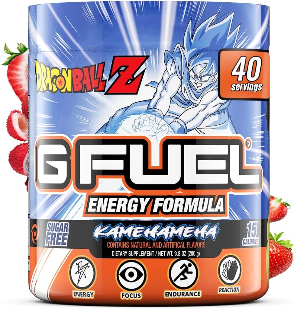 G Fuel Dragon Ball Z Energy Drink Powder, Pre Workout Caffeine Mix for Gaming, Sugar Free Focus Amino, Vitamin + Antioxidants, 9.8oz (Strawberry Lychee, 40 Servings)