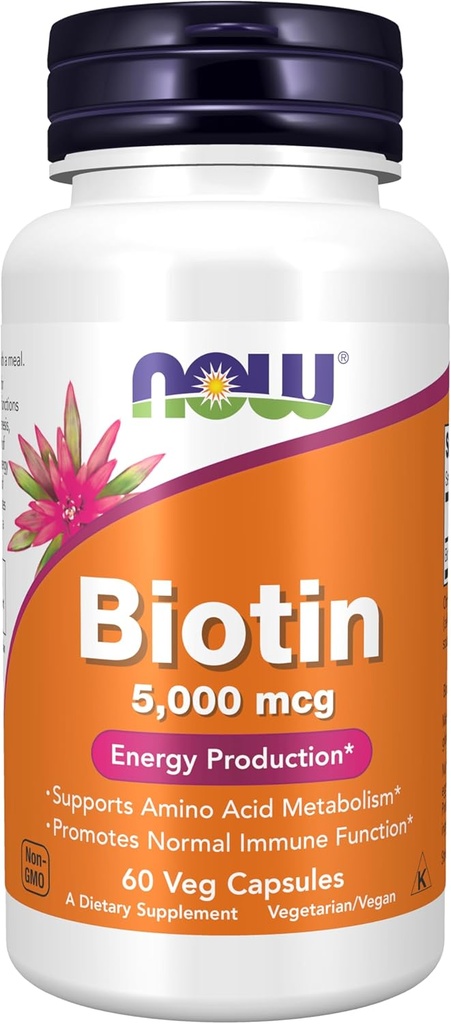 NOW Foods Supplements, Biotin 5,000 mcg, Amino Acid Metabolism*, Energy Production*, 60 Veg Capsules