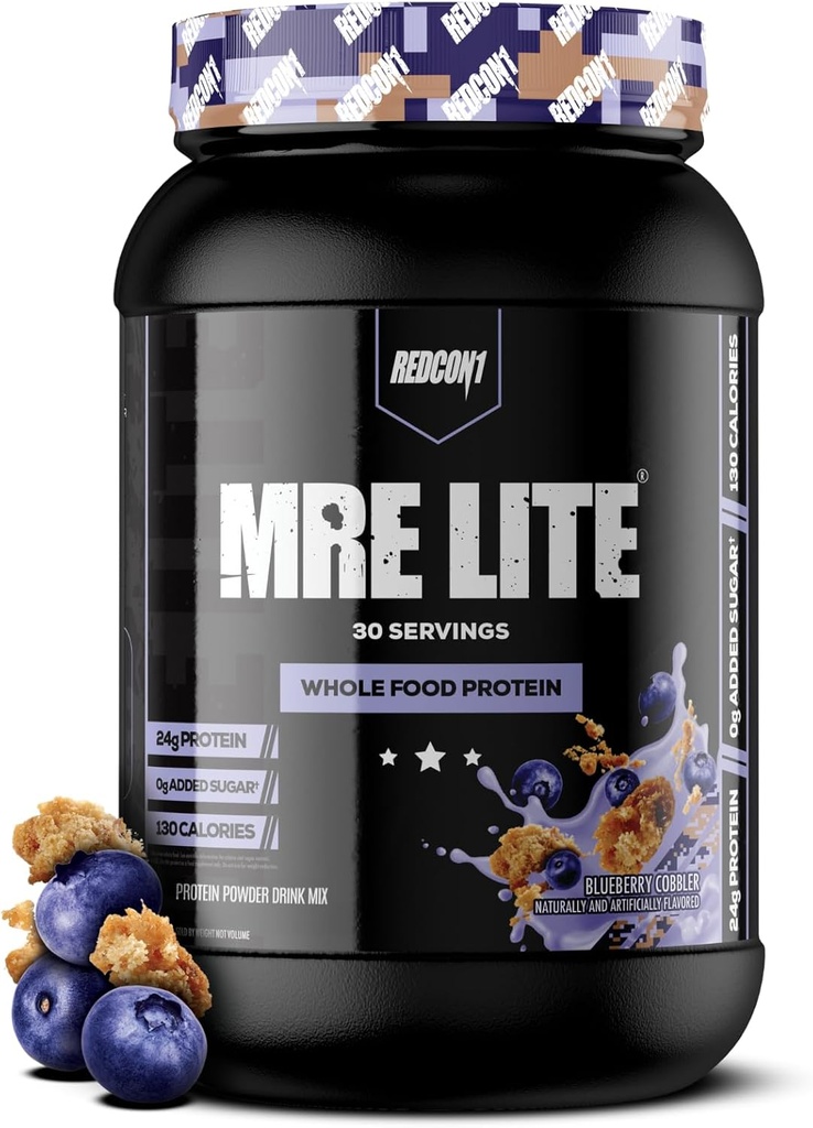 REDCON1 MRE Lite Whole Food Protein Powder, Blueberry Cobbler - Low Carb & Whey Free Meal Replacement with Animal Protein Blends - Easy to Digest Supplement Made with MCT Oils (30 Servings)