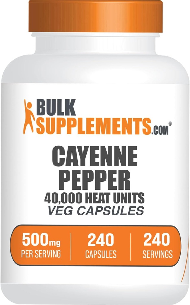 BulkSupplements.com Cayenne Pepper Capsules - Cayenne Pepper 40000 HU, Capsaicin Supplements, Cayenne Pepper Supplements - Gluten Free, 1 Capsule per Serving, 240 Veg Capsules (Pack of 1)
