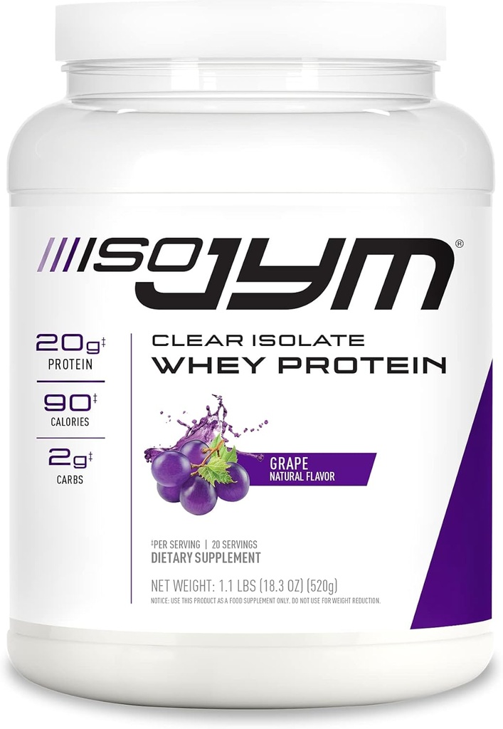 JYM Supplement Science Iso JYM Grape, 90 Calories, 100% Whey Protein Isolate, Zero Fat, Zero Sugars, Mixes Clear, for Women & Men, 20 Servings