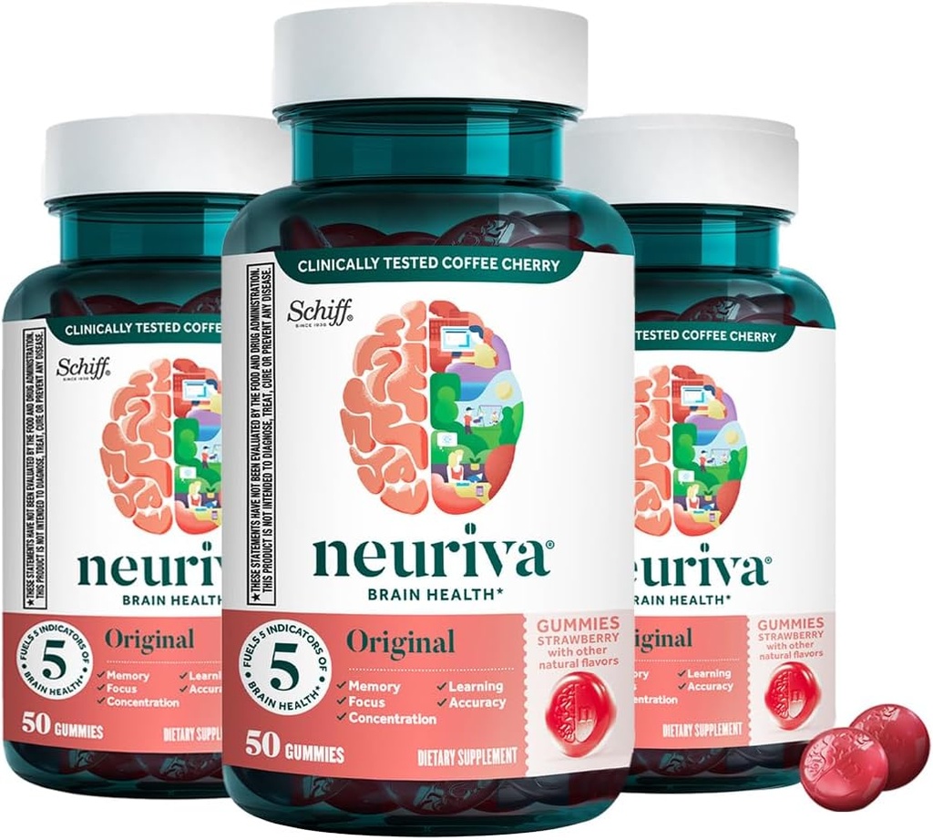 Neuriva Original Brain Health Support Strawberry Gummies (50 Count), Brain Support with Phosphatidylserine & Decaffeinated, Clinically Proven Coffee Cherry (Pack of 3)