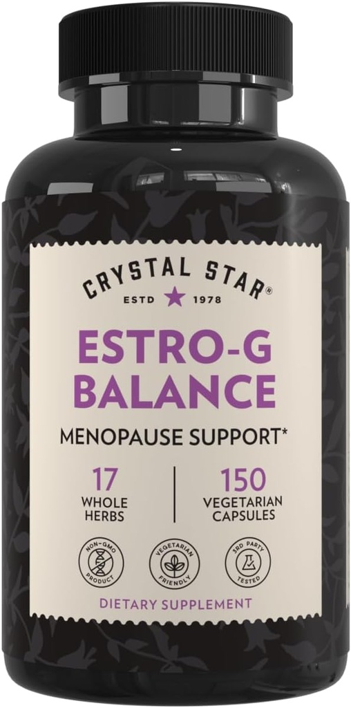 Crystal Star Estro G Balance Supplement (150 Capsules) – Herbal Menopause Support with Black Cohosh, Rehmannia, Damiana & Licorice – Vegetarian & Non-GMO