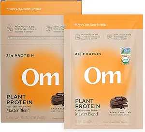 Om Master Blend Vegan Protein Powder, Chocolate, 21g of Plant Protein - Organic Mushroom Supplement with 10 Mushroom Complex, Ashwagandha, BCAAs and Vitamin B12 - Single Serve (10 Count)​