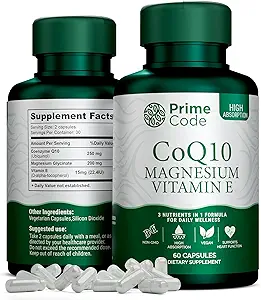 Prime Code [ 3 𝐢𝐧 𝟏] CoQ10 250mg with Magnesium Glycinate and Vitamin E | CoQ10 Capsules 250mg | Magnesium Glycinate 200mg | Vitamin E 15mg | Non-GMO | Gluten & Soy Free | Vegan