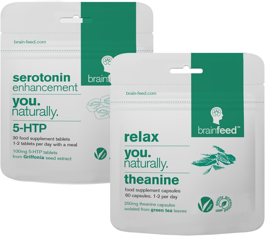 Serotonin Supplements & Natural l theanine | Serotonin Mood Support & Stress Relief Supplements | 5HTP 100mg + 250mg L theanine Capsules | 2 Month Supply | Vegan