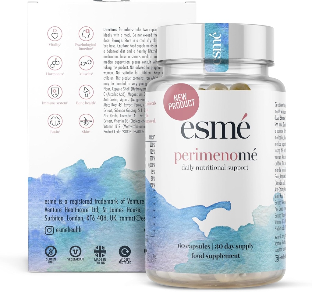Esme Menopause Supplements Perimenopause Supplements 1 Month Supply - Daily Support for The Early Stage of Menopause – 60 Capsules - Includes Ashwagandha, Vitamins and Red Clover