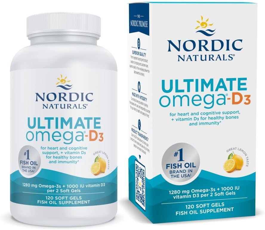 Nordic Naturals Ultimate Omega-D3, Lemon Flavor - 120 Soft Gels - 1280 mg Omega-3 + 1000 IU Vitamin D3 - EPA & DHA - Promotes Brain, Heart, & Immune Health - 60 Servings