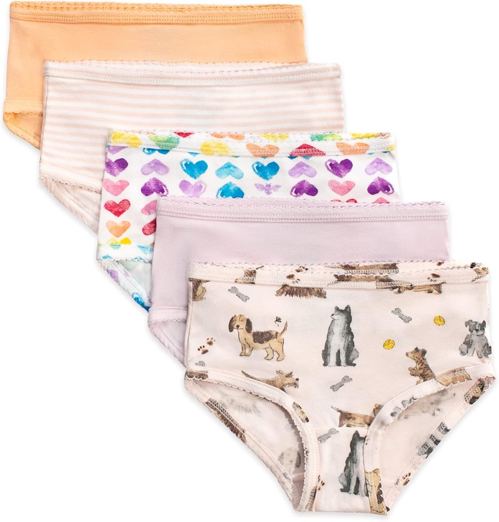 Burt's Bees Baby Toddler Girls' Underwear Set of 5 - Solids, Stripes,Prints, Tag-Free with Sizes for 2T to 8 Years Old