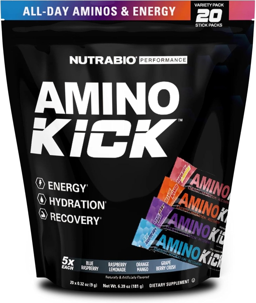NutraBio – Amino Kick – All in One Performance Formula Energy, Hydration, Recovery 20 Servings, (Variety Pack) – 6g Amino Acids – Support Muscle Building