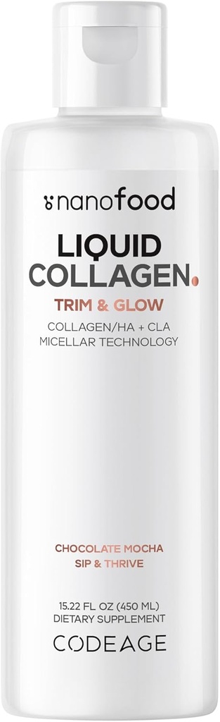 Codeage Liquid Collagen Supplement Chocolate Flavor, Beauty Trim & Glow Liposomal Collagen Peptides, CLA Conjugated Linoleic Acid, Hyaluronic Acid, Vitamin E, Hydrolyzed, Non-GMO, 15.22 fl oz