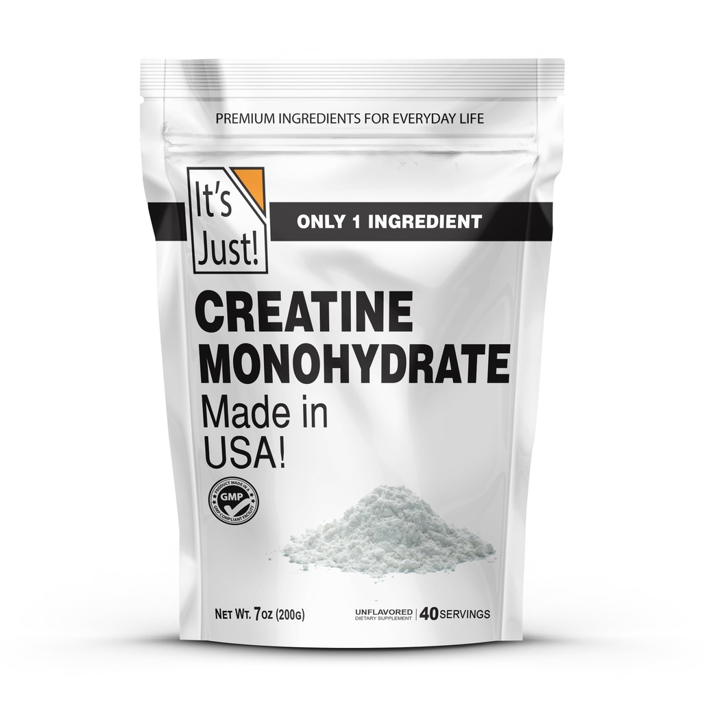 It's Just! - Creatine Monohydrate Powder, Pure Creatine Powder, Made in USA, 3rd Party Lab Tested, 5g Per Serving, Scoop Included, No Fillers, No Added Flavor (Unflavored, 200g / 40 Servings)