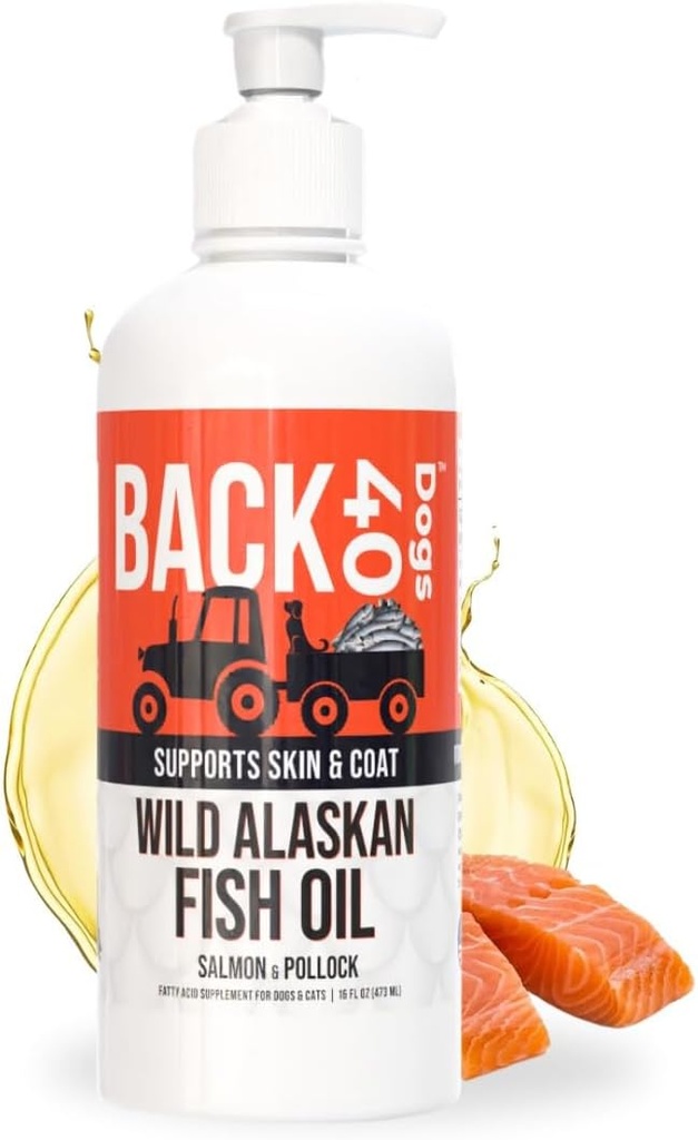 BACK 40 Dogs Wild Alaskan Fish Oil for Dogs, Skin and Coat Supplement for Dogs & Cats, Omega-3-Rich Salmon and Pollock Oil, EPA & DHA Dog Salmon Oil for Brain, Heart, and Joints 16 fl oz (473 ml)