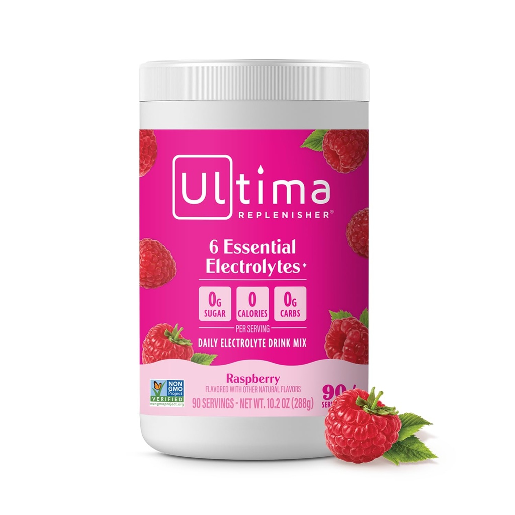 Ultima Replenisher Daily Electrolyte Powder Drink Mix – Sugar Free – Raspberry, 90 Servings – Hydration Powder with 6 Key Electrolytes and Trace Minerals – Keto Friendly, Vegan, Non-GMO