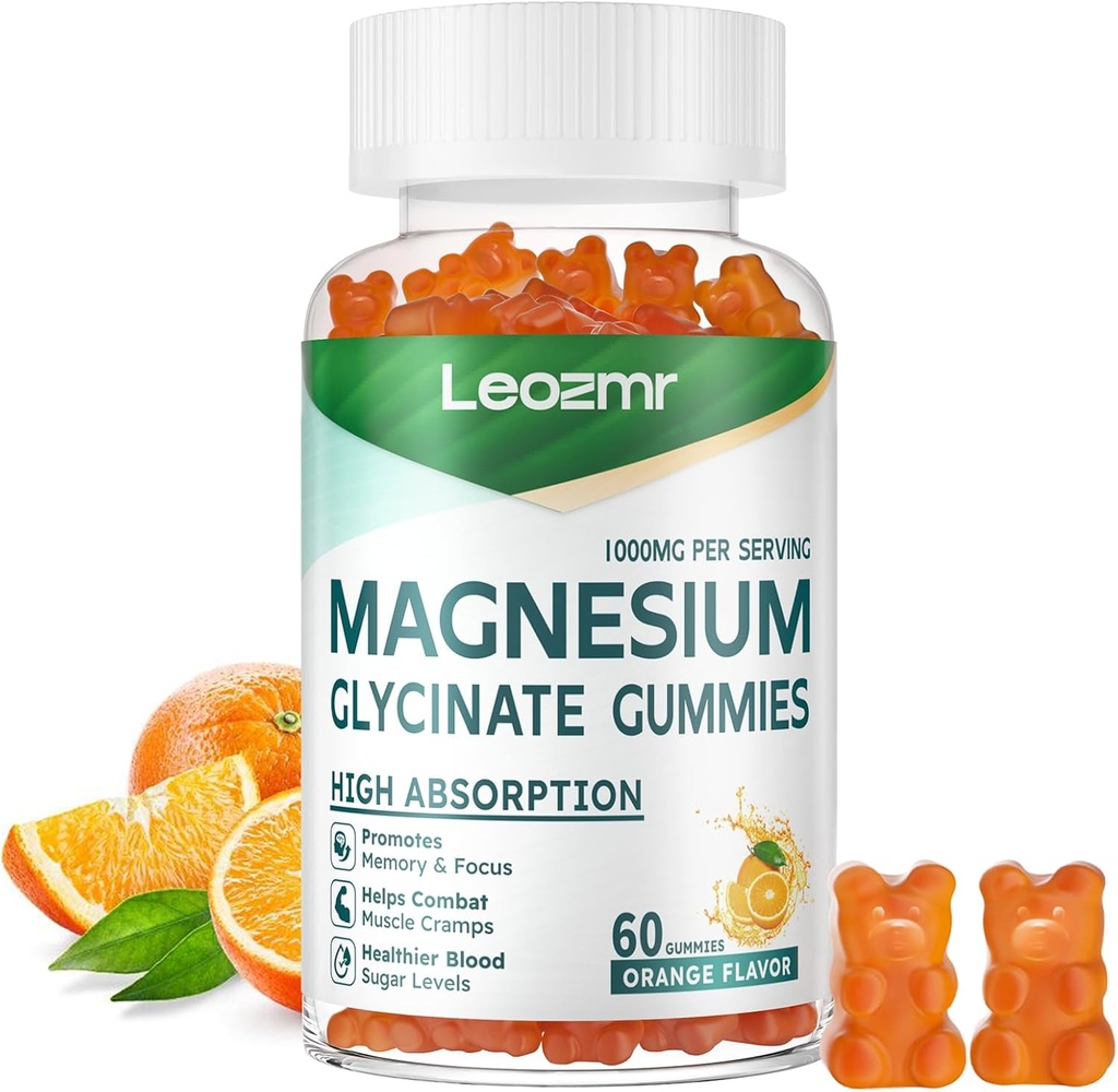 Magnesium Glycinate Gummies 1000mg - Sugar Free Magnesium Potassium Supplement with Vitamin D, B6, CoQ10 for Calm Mood & Sleep Support - 60 Orange Gummies