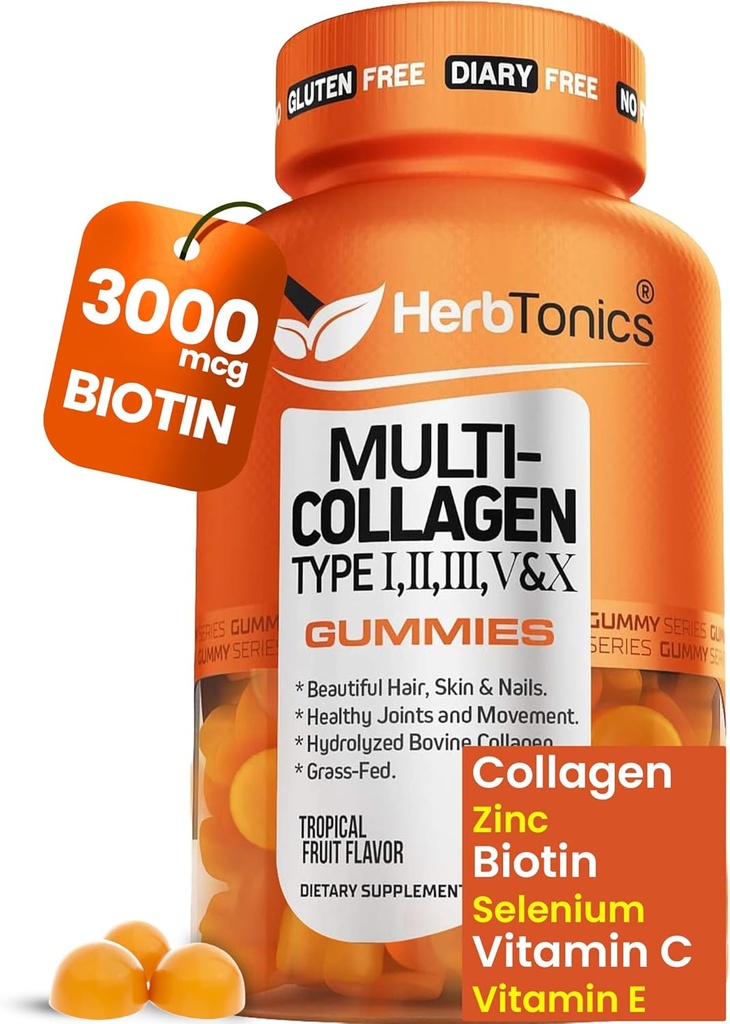 Herbtonics Multi Collagen Gummies with Biotin & Vitamin C, Hydrolyzed Collagen Peptides Types I, II, III, V, X for Hair, Skin, Nails, & Bone Support - Tropical Flavor, 60 Gummies