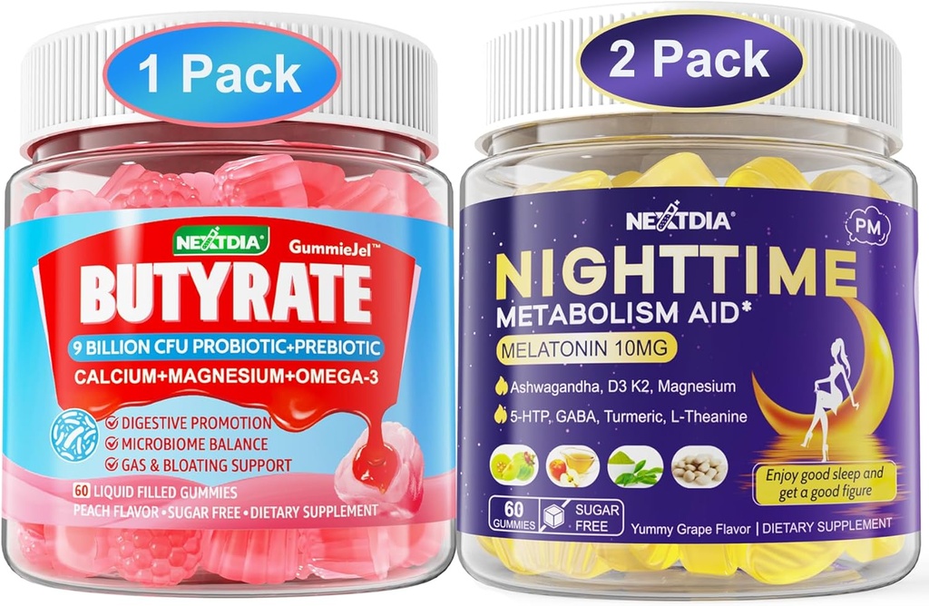 Bundle: Butyrate Gummies with Probiotic + Prebiotic + Postbiotic & Melatonin 10mg 20mg Night Time Metabolism Sleep Gummies