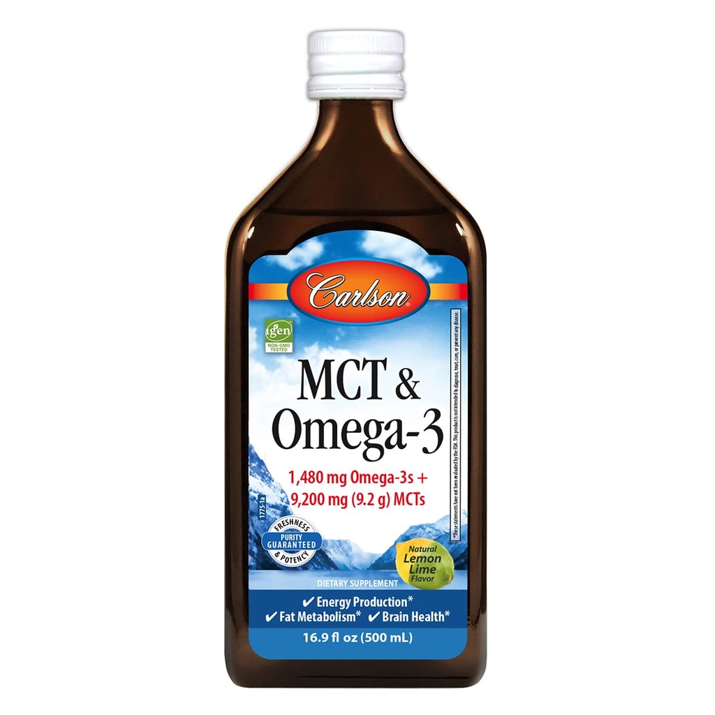 Carlson - MCT & Omega-3, 1480 mg Omega-3s, 9200 mg MCTs, Keto-Friendly, Caprylic & Capric Acids, Energy Production, Fat Metabolism, Lemon-Lime, 500 mL (16.9 Fl Oz)