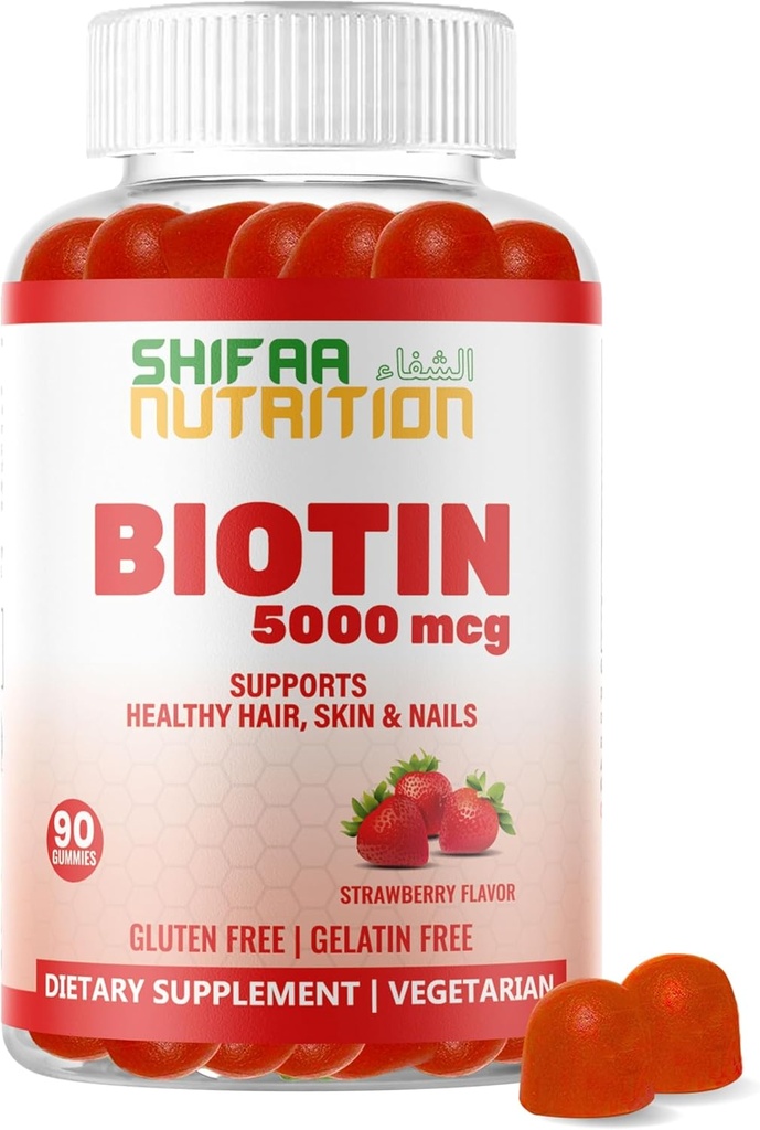 SHIFAA NUTRITION Vegan Biotin Gummies for Adult & Kids | 90 Gummies | 5000 mcg 45 Servings | Non-GMO | Gluten, Gelatin, Peanuts, Egg & Dairy Free | Biotin Gummy Vitamins for Hair, Skin & Nails Halal