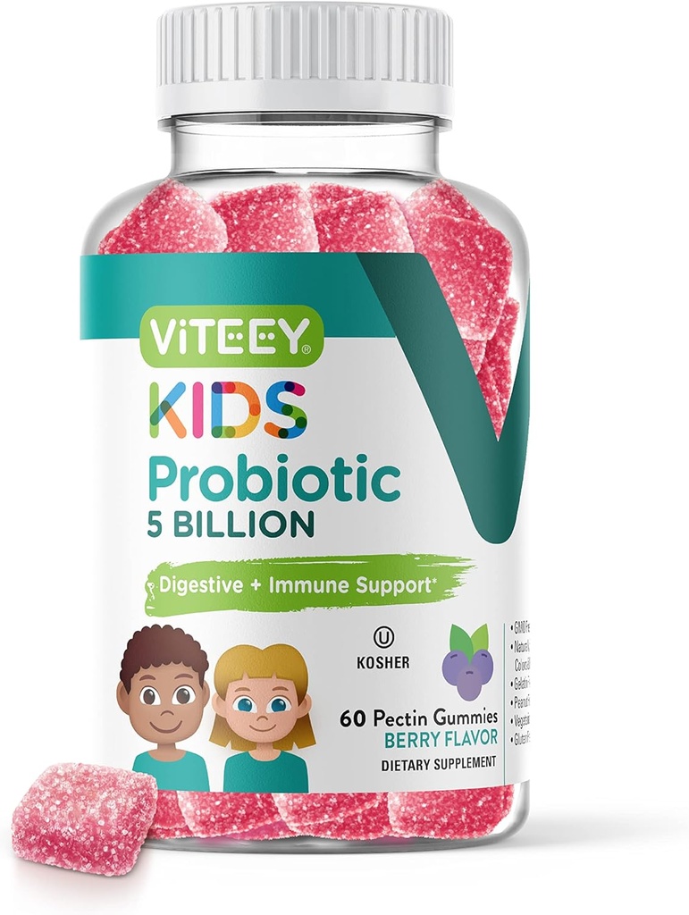 Viteey Probiotic Gummies for Kids - 5 Billion CFUs - Probiotics Kids Constipation Relief, Natural Immune & Digestive Health Support - Vegetarian, Gelatin Free, GMO Free - Tasty Berry Flavored Gummy