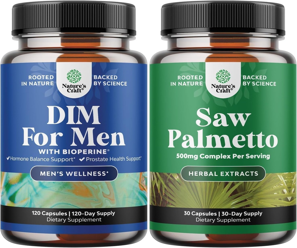 Bundle of Advanced DIM Supplement for Men - Estrogen Blocker and Extra Strength Saw Palmetto Extract - for Women and Men's Hair Health and Urinary Support