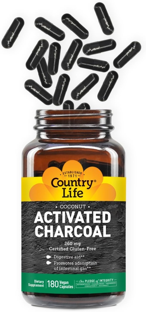 Country Life Activated Organic Coconut Charcoal Capsules, 260mg – Natural Charcoal Supplement for Gas and Bloating Relief, Gluten-Free, 180 Vegan Capsules