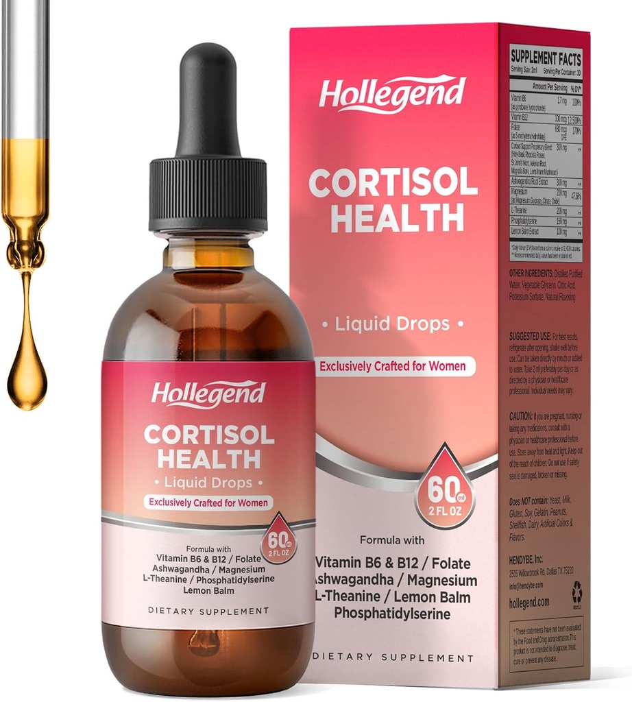 Cortisol Supplements for Women, Cortisol Wellness Liquid Drops, 16 in 1 Cortisol Detox Reducer w. Ashwagandha, Magnesium, L-Theanine, Folate for Relaxation & Hormone Balance, Strawberry