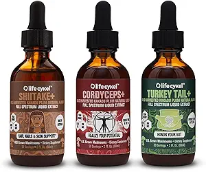 LIFE CYKEL AM Bundle- Energy Support, Immune System Support, Hair Skin & Nails Health- 100% Organic Mushrooms- Cordyceps Turkey Tail & Shiitake w/ Kakadu Plum, Made in the US, Non-GMO - 3 ct(2oz each)