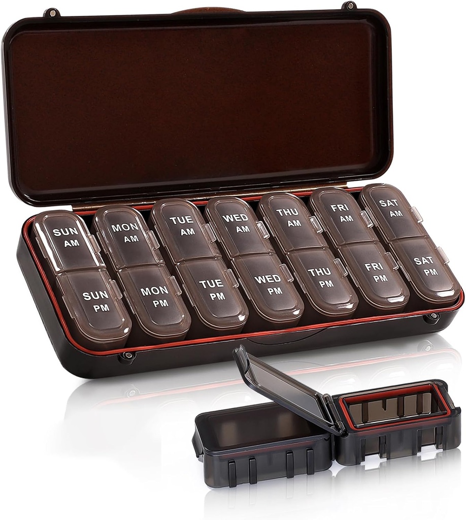 Pill Organizer 2 Times a Day, Weekly Travel Case for Vitamins, Fish Oils + 2 Detachable Cute Boxes (Brown)