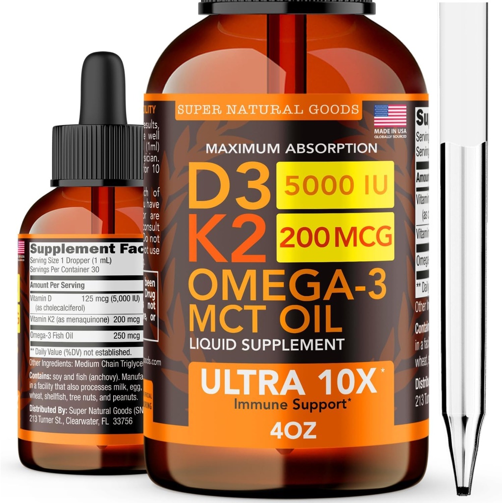 Vitamin D3 K2 Liquid Drops 5000 IU (4oz) Maximum Strength Vitamin D, K, MCT Oil & Omega 3 Bone, Heart, Joint, Muscle Support Supplement. Fast Absorption Formula. 4 in 1 Complex Formula Non-GMO