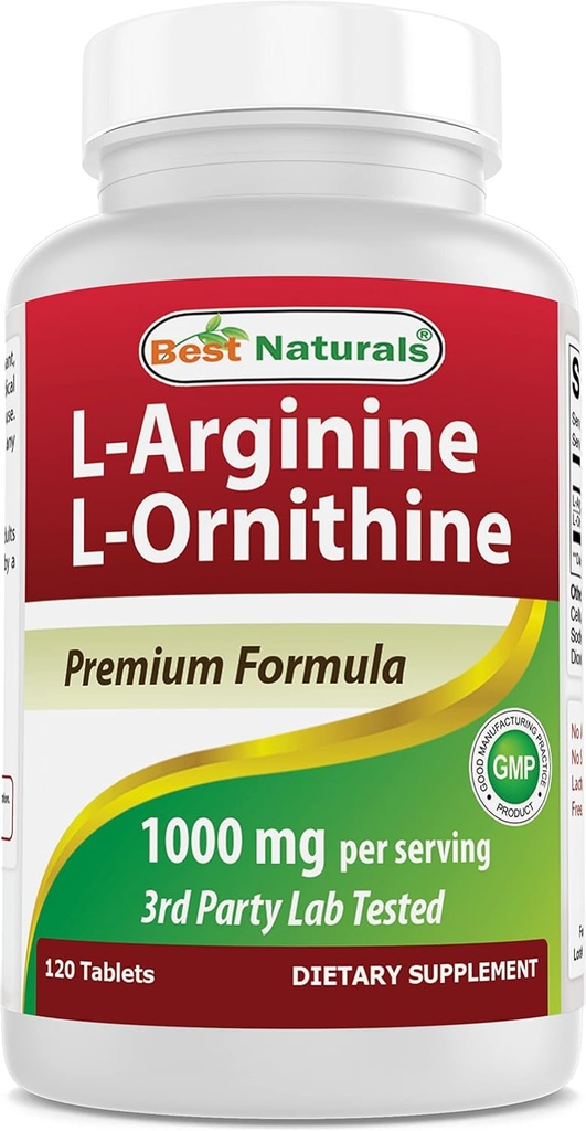 Best Naturals L-Arginine L-Ornithine - 1000mg per Serving - 120 Tablets - Non-GMO & Gluten Free (120 Count (Pack of 1))