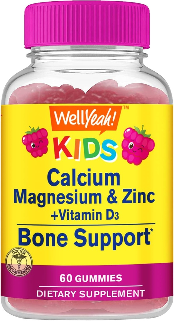Kid's Calcium, Magnesium, Zinc + Vitamin D3 Gummies by WellYeah | Bone, Muscle and Nerve Health Support, Immune Support | for Men and Women | Gluten Free, Non GMO | Raspberry Flavor | 60 Count