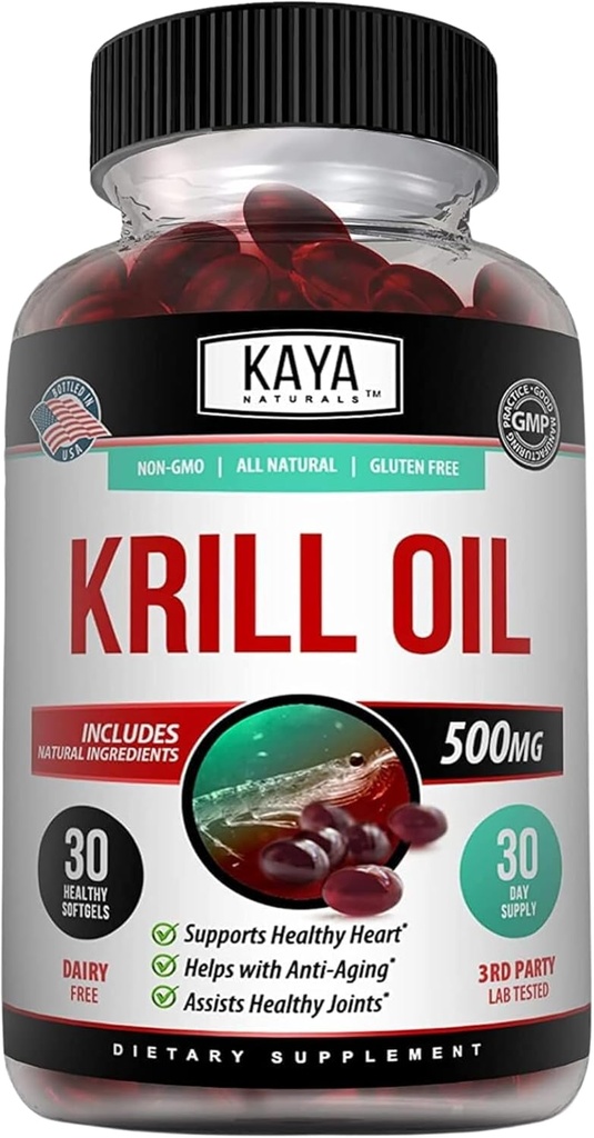 Kaya Naturals - Antarctic Krill Oil 500mg with Omega 3, EPA, DHA, Phospholipids & Astaxanthin Supplement - Brain & Health Vitamin - Anti Aging Supplement - 30 Count Softgels