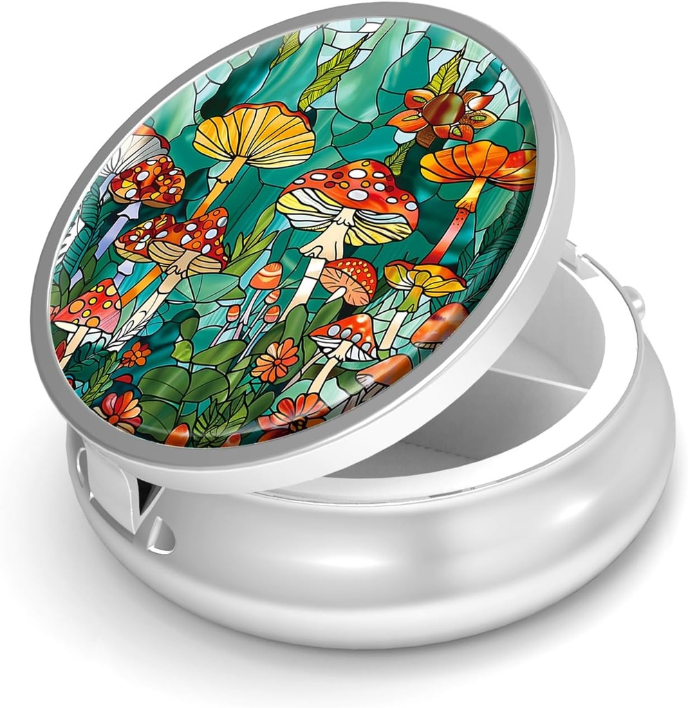 Pill Box-3 Compartment Small Pill Case for Purse & Pocket Mini Metal Pill Holder Travel Pill Container to Hold Supplements Vitamins BPA-Free (Mushroom Forest)