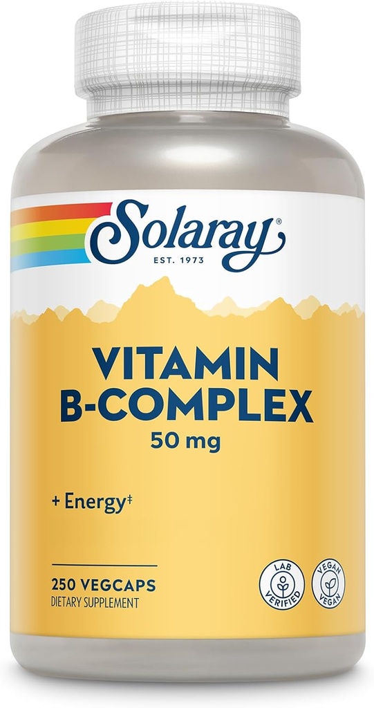 SOLARAY Vitamin B Complex 50 mg - Cellular Energy Vitamins - Metabolism and Nerve Health Support with Vitamin B12, Vitamin B1, B6, Niacin, Folic Acid, Biotin and Other B Vitamins - Vegan, 250 VegCaps