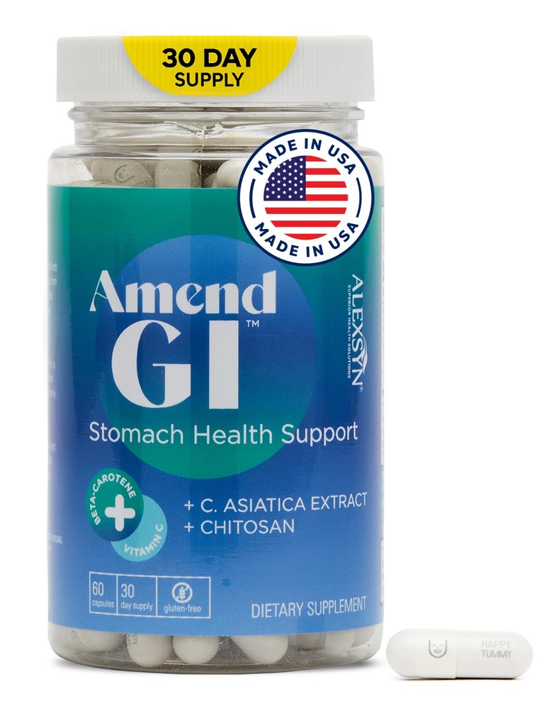 Amend GI All-Natural Stomach Health Support 60 Capsules - Nutraceutical for Stress-Induced Ulcer Symptoms - Supports Healing and Digestive Health with Asiatica Extract & CM Chitosan