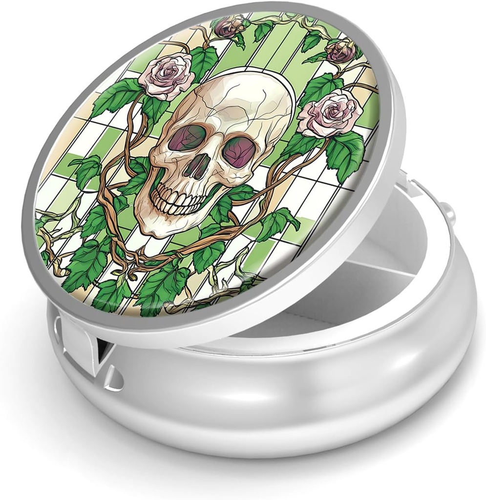 Pill Box-3 Compartment Small Pill Case for Purse & Pocket Mini Metal Pill Holder Travel Pill Container to Hold Supplements Vitamins BPA-Free (Skull and Rose)