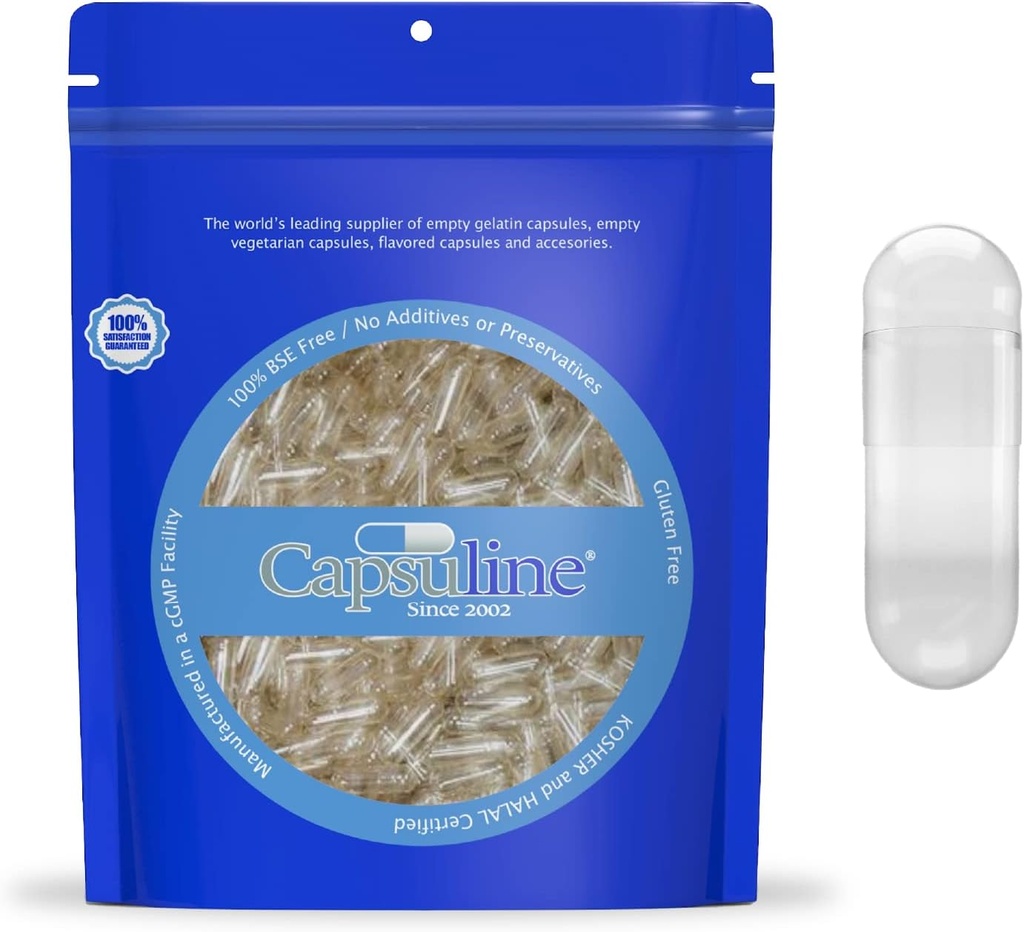Capsuline Size 0 Gelatin Empty Capsules, 50000 Count, Empty Gel Pill Capsules, DIY Pure Bovine Pill Capsule Filling, Empty Caps, Kosher, Gluten Free and Non-GMO Certified, Clear