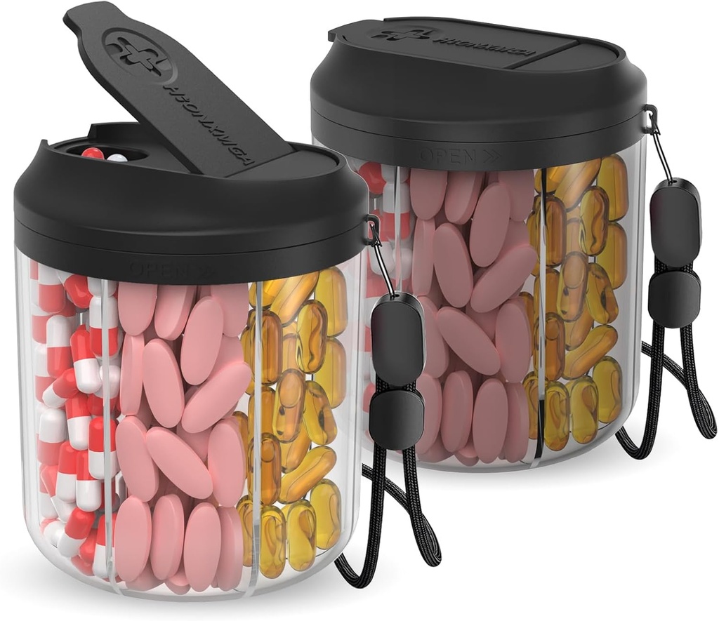 Pill Dispenser with 7 Large Compartments, Pill Bottle Organizer for Travel, Supplement Organizer with Anti-Mixing Design, BPA-Free Pill Container with 20 Pcs Labels, Black 2pcs