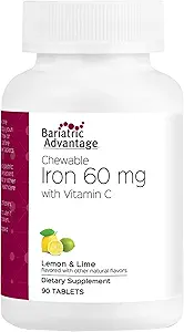 Bariatric Advantage Chewable Iron 60 mg with Vitamin C for Increased Absorption and Utilization, Easily Digestible for Gastric Bypass and Sleeve Gastrectomy Surgery Patients - Lemon Lime, 90 Count