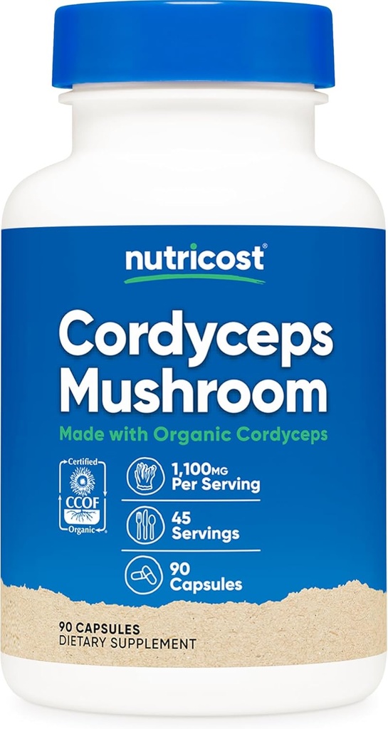 Nutricost Cordyceps Mushroom Capsules 1100mg, 45 Serv - CCOF Certified Made with Organic, Vegetarian, Gluten Free, 550mg Per Capsule (90 Capsules)
