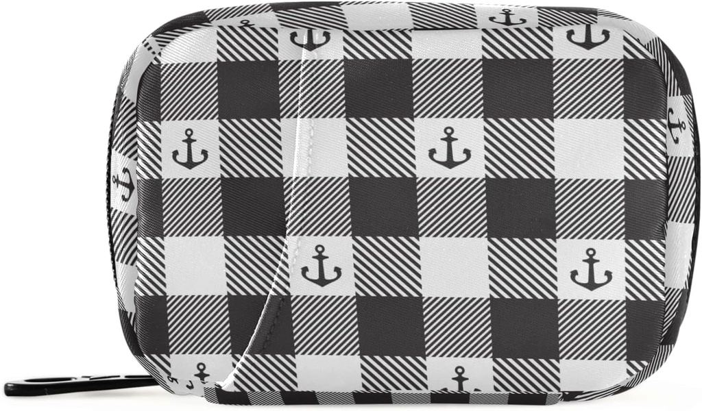 Black and White Plaid Anchor Pill Box 7 Day Pill Case Travel Pill Organizer Bag with Zipper Portable Weekly Case Compact Size for Vitamin Supplement Holder